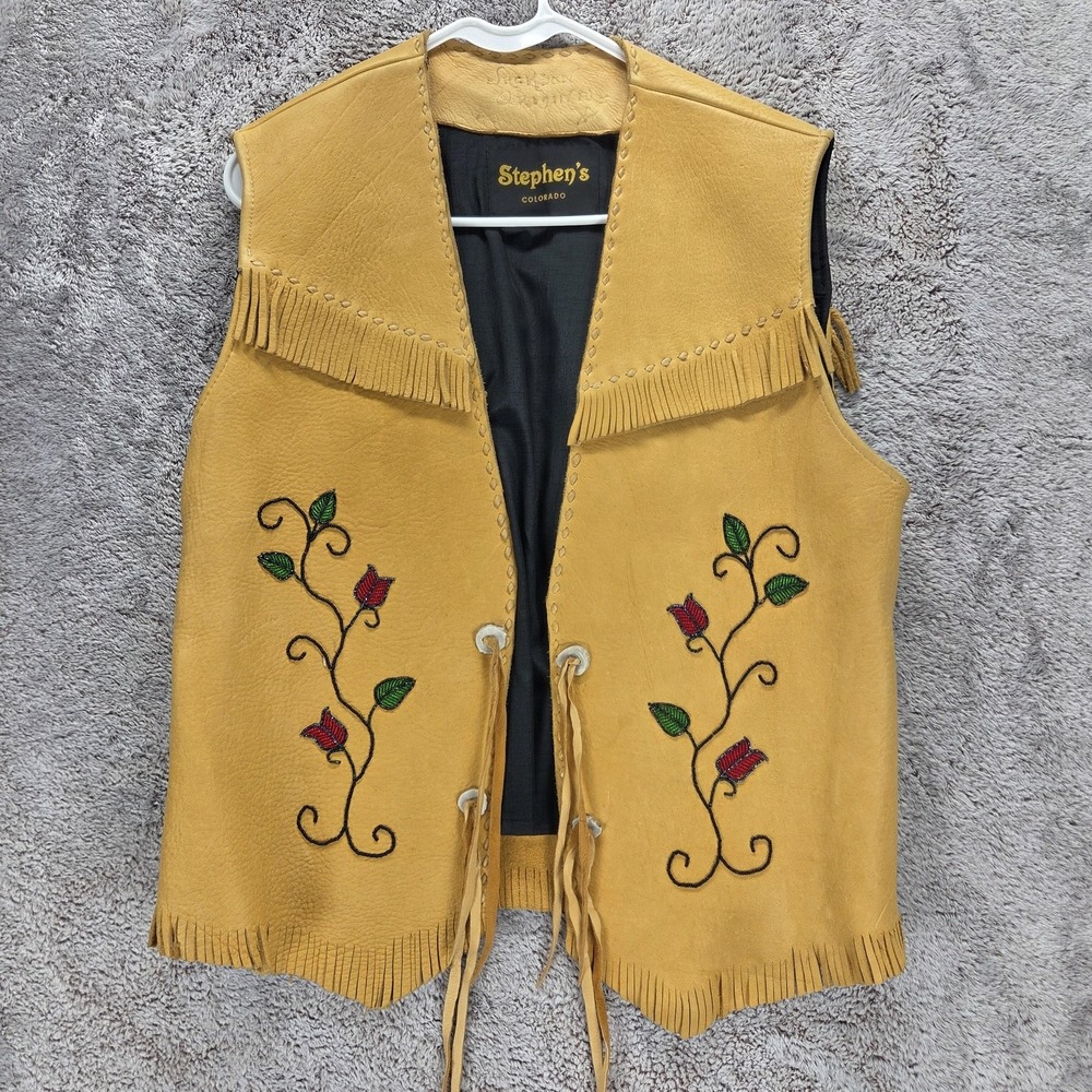 Stephen's Vest Womens Medium Yellow Leather Beaded Fringe Western Floral